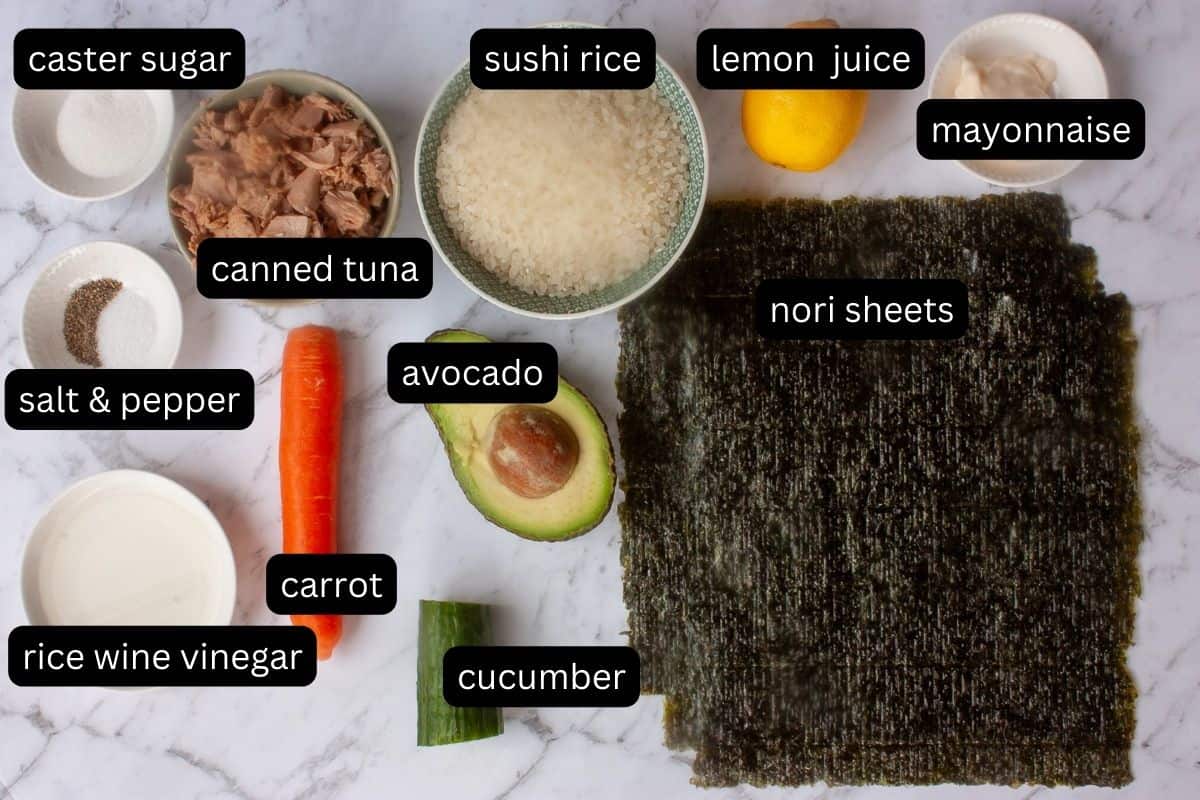 Ingredients needed to make tuna, cucumber and avocado sushi.