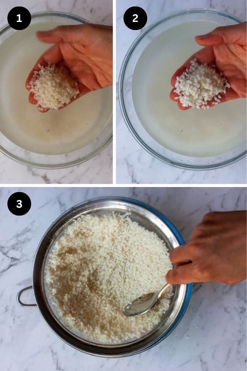 3-photo collage showing sushi rice before and after soaking, then draining in a sieve over a glass bowl.