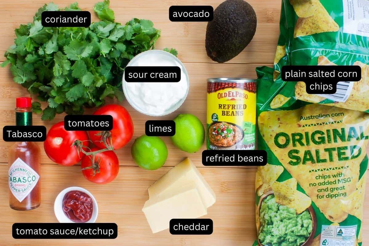 Ingredients needed to make vegetarian nachos.